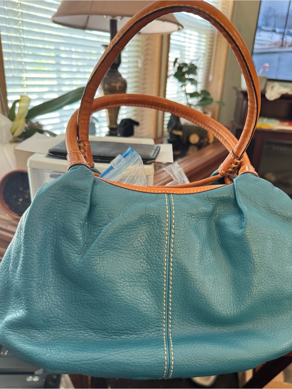 Brighton Teal Leather Top-Handle Women’s Bag with Tan Trim - Picture 4 of 13